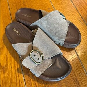 Women's Taupe Suede Buckle Sandals